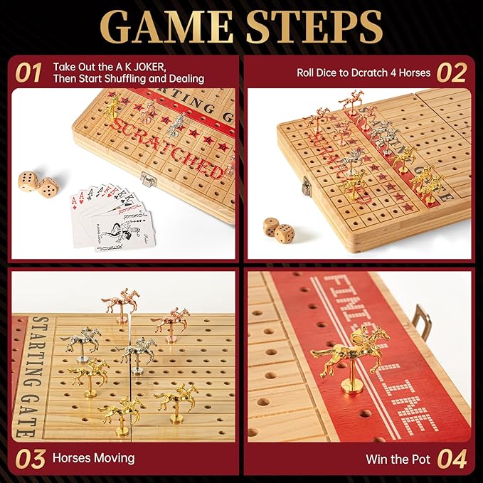 Horse Race Board Game, Large 21" Horse Racing Board Game with 11 Luxury Metal Horses, Foldable Solid Wood Horse Racing Game with Tokens, 2 Sets of Dice, 2 Boxes of Cards for Parties