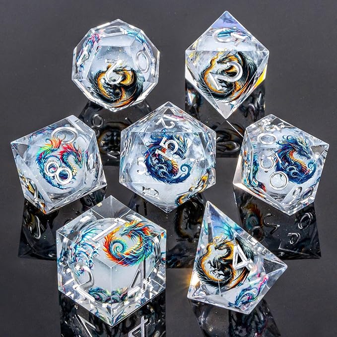 Dragon Pattern Liquid Core DND Dice Set, 7Pcs Sharp Edge D&D Dice with Gift Box, White Resin Dungeons Dragons D and D Role Playing Dice D20 D12 D10 D8 D6 D4