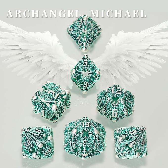 DND Dice,HNCCESG Hollow Metal Set 7 Pcs for Dungeons and Dragon,D and D GIFS of Tabletop Game (Matte Green White Skull)