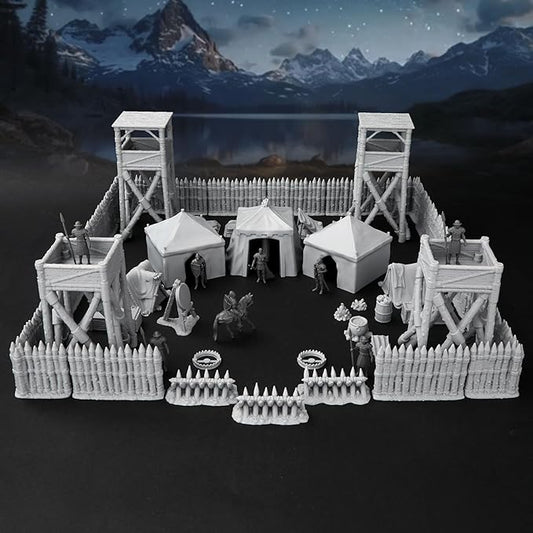 AUSPDICE AF676 Medieval Military Camp RPG Terrain Set for DND Map Building, Compatible with TTRPG Games, Modular Game Pieces with Barricades, Tents, Watchtowers, and Props