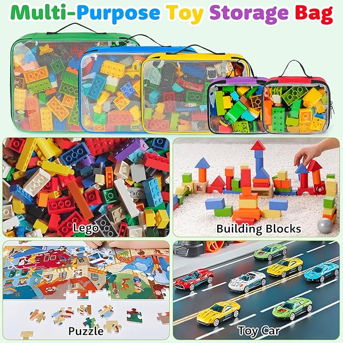 Large Toy Storage Bags Compatible with Lego Bricks,5 Pcs Travel Toy Organizers for Kids Building Blocks,Toy Car,Puzzles with Mesh Pocket and Tag Pocket