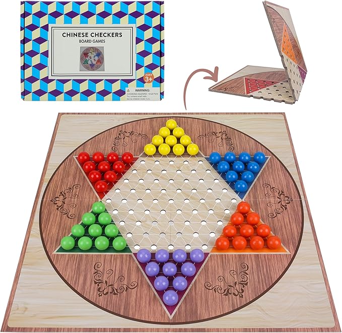 13.5" Chinese Checkers Board Game Set - Foldable Board with 60 Vibrant Acrylic Marbles, Classic Strategy Family Game for Kids & Adults, Travel-Friendly Design for Game Nights (2-6 Players)