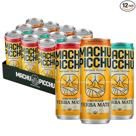 MACHU PICCHU Yerba Mate Energy Drink – Zero Sugar, 120mg Organic Caffeine for Smooth Focus, No Jitters or Energy Crash, Low Calorie, USDA Organic, 12oz Cans (Pack of 12, Variety Pack)