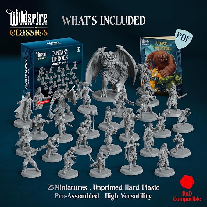 Classic Heroes - Mercenary Band I- 25 Paintable Characters for DND Miniatures Bulk I 28mm Dungeons Dragons D&D Miniatures I DND Minis D&D Figures Dungeons Dragons Figures Pathfinder Compatible