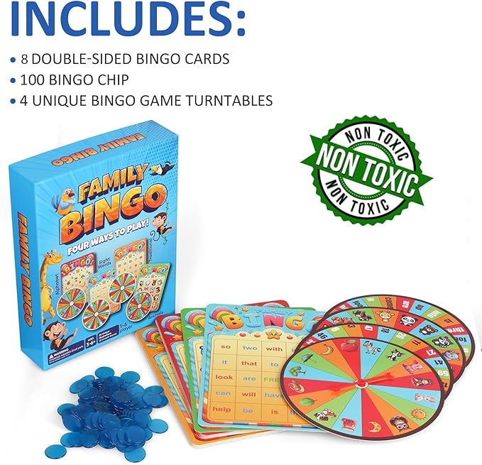 Family Bingo Game for Toddlers Ages 3+ | 4-in-1 Educational Bingo Set for Kids with Numbers, Sight Word, Letters & Animals | Family-Friendly Board Game for Learning & Fun | 2-4 Players