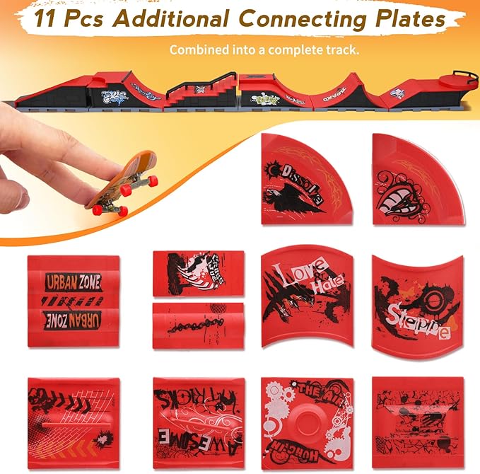 Finger Skateboards Ramp Set, Red 6 in 1 Fingerboard Skatepark Deck with 11 Buffer Plate, Fingerboard Half Pipe Ramp for Kids Adults Fingerboard Train Props Interactive Freestyle Game
