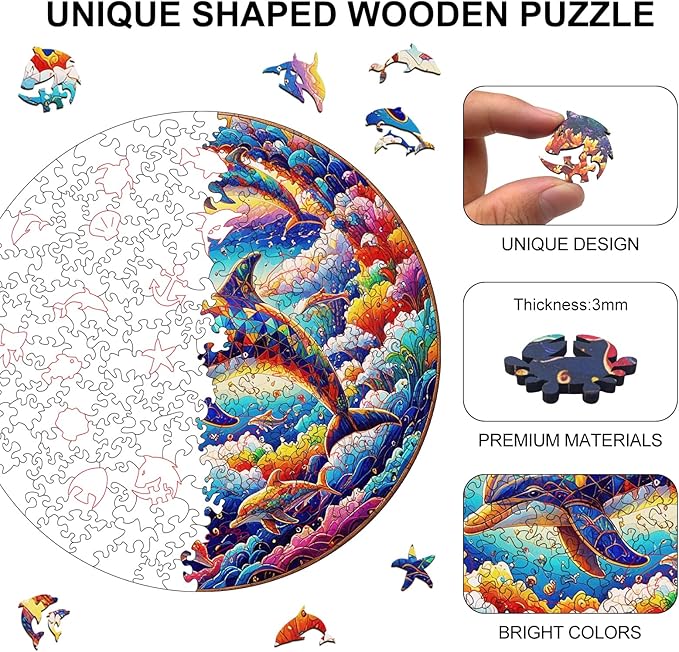 Wooden Puzzle for Adults โ Unique Dolphin-Shaped Jigsaw, Colorful Ocean Animal Design Brain Teaser for Kid & Teen, 220 Pieces, 10"x10", Ships as Whole Puzzle Board, Gift-Ready Box, Fun Family Game