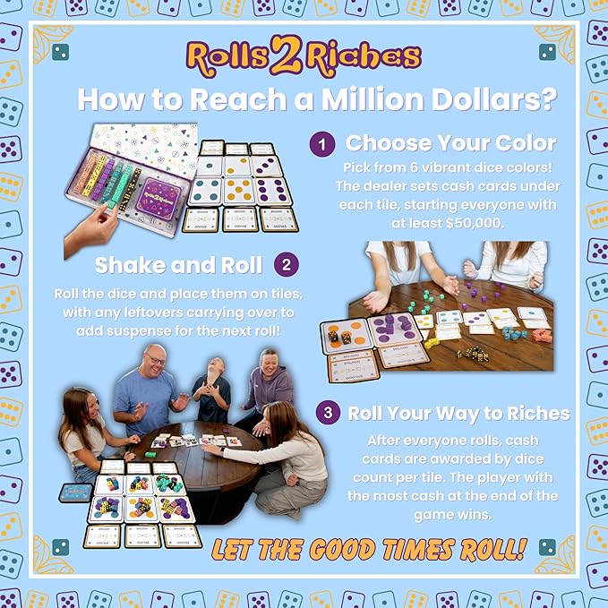 Award-Winning Family Dice Game – Rolls 2 Riches | Fun & Fast-Paced Game for Kids, Teens & Adults | Perfect for Game Night, Travel, Parties, Dates & Camping | ADHD-Friendly Activity
