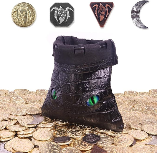 145PCS Metal DND Coins & Leather Bag, Contains 60 Gold Coins, 40 Sliver Coins, 40 Copper Coins and 5 Platinum Coins, Tokens with Glow in The Night Eyes Bag for RPG Tablelap Games