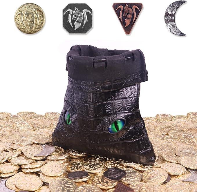 145PCS Metal DND Coins & Leather Bag, Contains 60 Gold Coins, 40 Sliver Coins, 40 Copper Coins and 5 Platinum Coins, Tokens with Glow in The Night Eyes Bag for RPG Tablelap Games