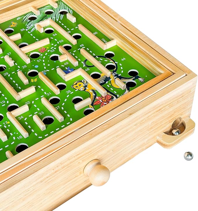 STERLING Games Wooden Labyrinth Jungle Nature Theme Tilt Maze Game with Marble Ball and 60 Waypoints for 6 Years Up, 13.5" x 13" Board