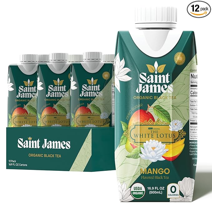 Saint James Iced Tea x The White Lotus Limited Edition - Organic Black Tea - Non-GMO, Gluten Free, Zero Calorie, Zero Sugar - Mango, 12 Pack (16.9 fl oz each)