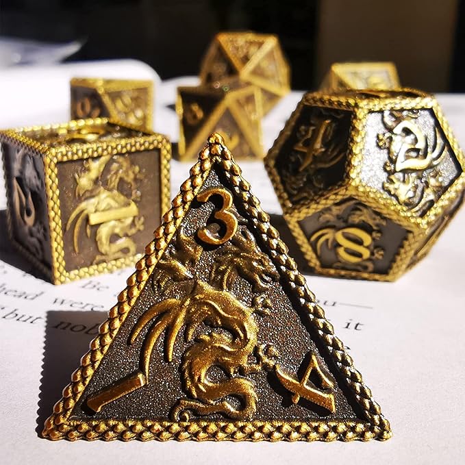 HAOMEJA DND Metal Dice Dragon Set 7 Role Playing Dice D&D Solid Dice Dungeons and Dragons (Ancient Brass)