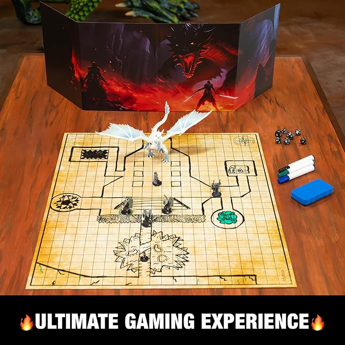 TIDYBOSS 23"x27" Dungeons and Dragons Foldable Battle Mat D&D Starter Set Kit with Dungeon Master Screen | Wet & Dry Erase DND Board Game | DND Gifts & DND Accessories