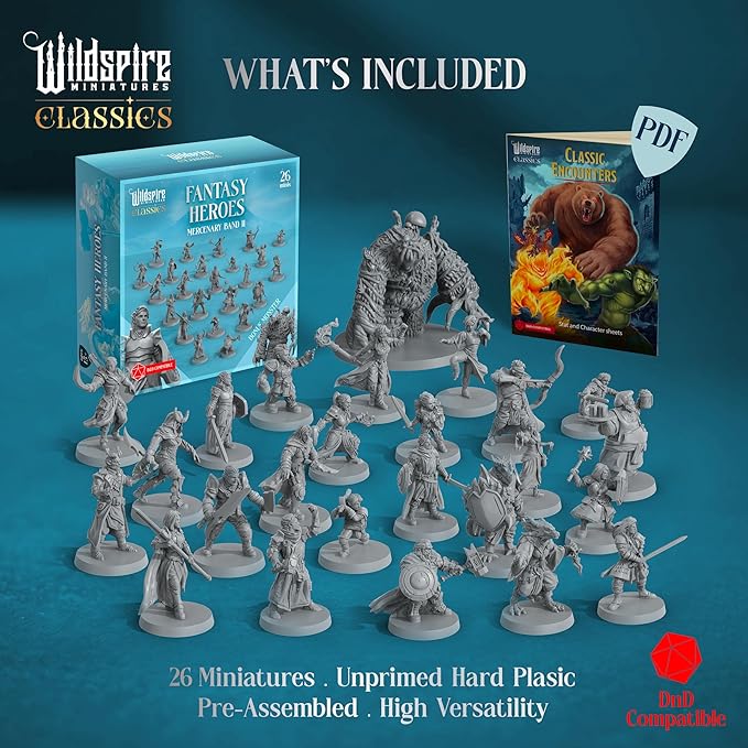 Classic Heroes - Mercenary Band II - 26 Paintable Characters for DND Miniatures Bulk I 28mm Dungeons Dragons D&D Miniatures I DND Minis D&D Figures Dungeons Dragons Figures Pathfinder Compatible