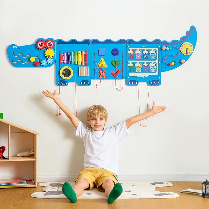 Crocodile Sensory Toys Activity Wall Panels, Educational Montessori Busy Board for Toddlers, Activity Cube - Sensory Wall, Wooden Learning Toys, Interactive Toy, Blue