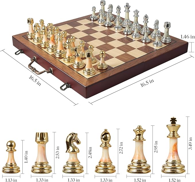 16.5" Large Wooden Chess Set with Weighted Acrylic Chess Pieces,Folding Chess Board Games with Handle 3.5" King Portable Classic Game for Adults and Kids