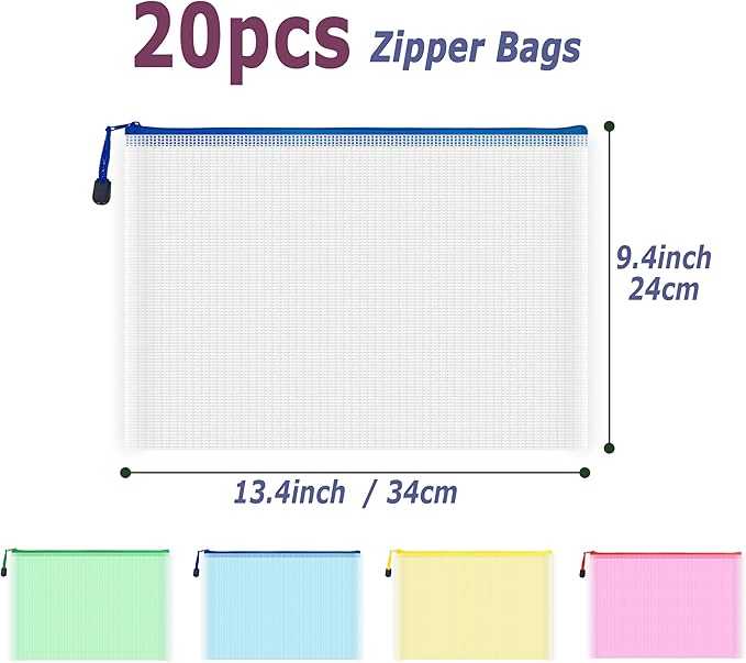 AUSTARK 20 Pcs Zipper File Bags, Plastic Mesh Pouch, Board Game Storage Bag, Waterproof Bags for Office School (A4 Size 13.4''x9.4'', Multicolored)