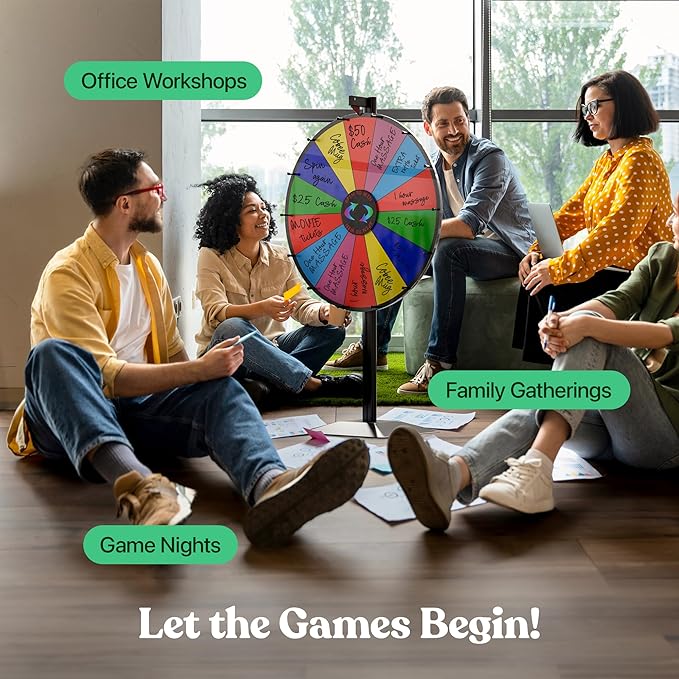 T-SIGN 24 Inch Dual Use Spinning Prize Wheel 14 Slots Color Tabletop and Floor Roulette Wheel of Fortune with Dry Erase Marker and Eraser Win The Fortune Spinner Game for Carnival Trade Show