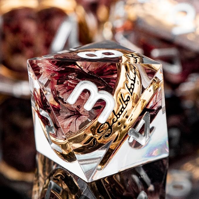 Magic Golden Ring DND Dice Set Sharp Edge Resin Dice with Case, Pink Flower Lord D and D Dice for use with D&D RPG Role Playing Games, Polyhedral Dice Set D20 D12 D10 D8 D6