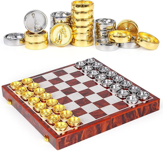 2-in-1 Metal Chess and Checkers Set for Adults & Kids –Travel Chess Sets Luxury Wooden Foldable Chessboard with Storage – Portable Classic Family Strategy Board Game with Metal Chess Pieces
