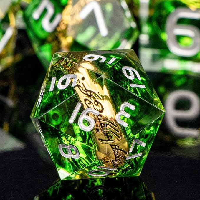 Magic Golden Ring DND Dice Set with Case, Green Resin Sharp Edge D and D Dice for use with D&D Tabletop Games Lord Handmade Polyhedral Dice Set D20 D12 D10 D8 D6 D4