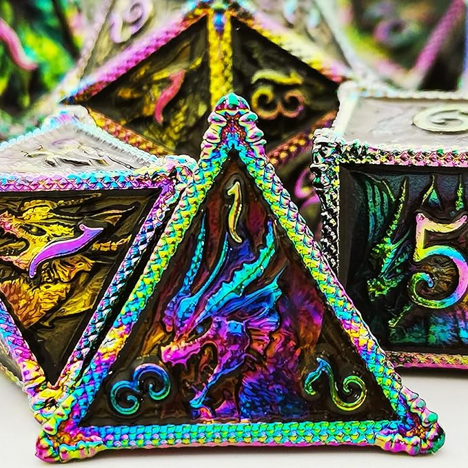 HAOMEJA DND Dice Metal Dragon Set Dice 7 Role Playing Dice D&D Solid Dice Dungeons and Dragons (Colorful Black)