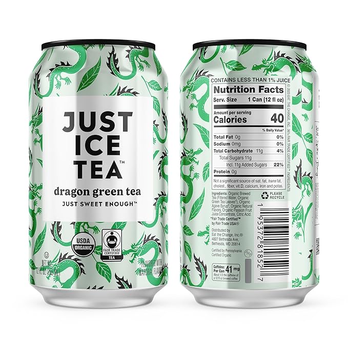 Just Ice Tea, Dragon Green Iced Tea, 12-Pack (12oz Cans), Green Tea, USDA Certified Organic, Real Brewed, Low Calorie, No Artificial Sweeteners, Fair Trade, Made in USA.