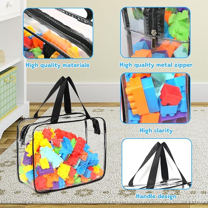9 Packs Clear PVC Toy Storage Bags Include 6 Pcs Large and 3 Pcs Medium Toy Organizer Bags with Labels, Portable Handheld Zipper Bags for Organizing Board Game, Building Blocks, Puzzle, Kids Books