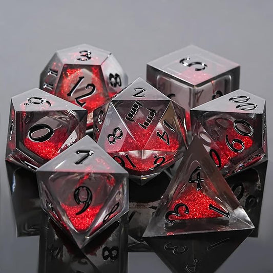 DND Dice Set - Handcrafted Liquid Core Sharp Edge 7-Die Resin Dice with Colorful Quicksand Effect,for DND, RPG, MTG, Tabletop Games(Crimson Codex)
