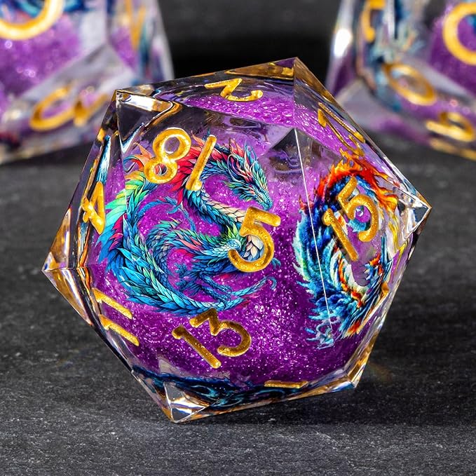 OUKELANWO Liquid Core Dragons Stickers DND Dice Set D&D, 7Pcs Dungeons D and D Role Playing Dice with Gift Box, Resin Sharp Edge Dice D20 D12 D10 D8 D6 D4, Purple Gold