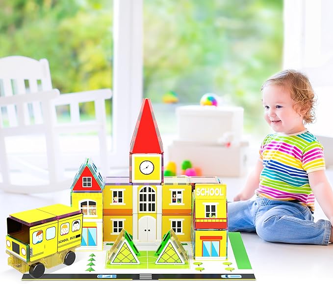 PicassoTiles 3-in-1 Theme Set School Hospital Police Station Magnet Self Adhesive Backing Stick-On Sheet Combo w/Car Magnet Building Block Playset STEM Learning Construction Brain Development Kit