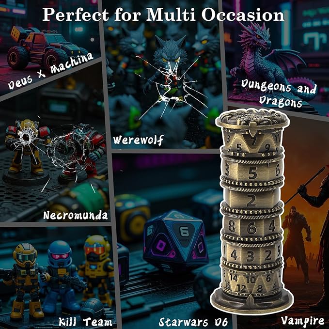 Pagoda Dice Spinner, 7 in 1 Metal Unique Roulette Dice for Sci-Fi, War, Crime Theme Tabletop Games