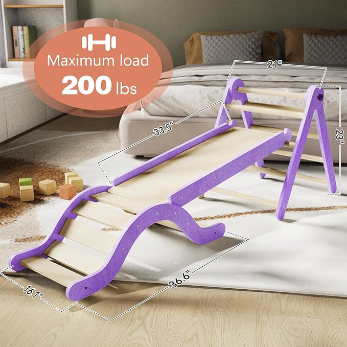 Pikler Triangle Set 7in1 Toddler Climbing Toys Indoor Foldable Baby Climbing Toys Wooden Montessori Climbing Set with Arch, Ramp, Ladder for 1-3 Years, Jungle Gym for Kids (Purple)