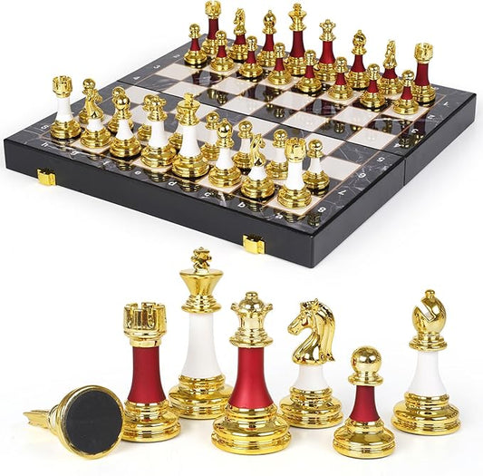 15" Large Chess Set for Adults with Weighted Acrylic Chess Pieces 3.5" King & Portable Folding Marbling Wooden Chess Board Travel Chess Sets Elegant Classic Chess Game – Family Board Game Gift