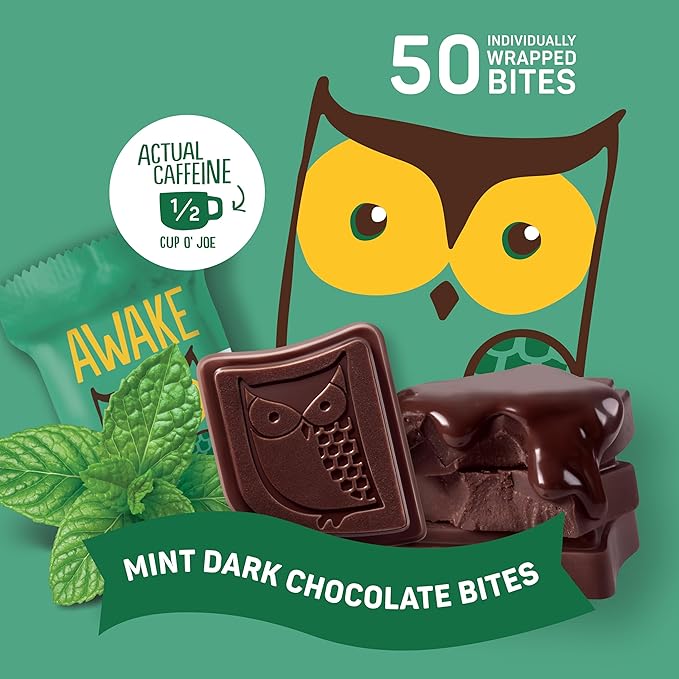 AWAKE - Caffeinated Chocolate Bites - Mint Dark Chocolate, 50 Bites - 50mg Caffeine - Individually Wrapped Energy Bites - Coffee Alternative - Fairtrade, Gluten Free, Non GMO - 0.48oz
