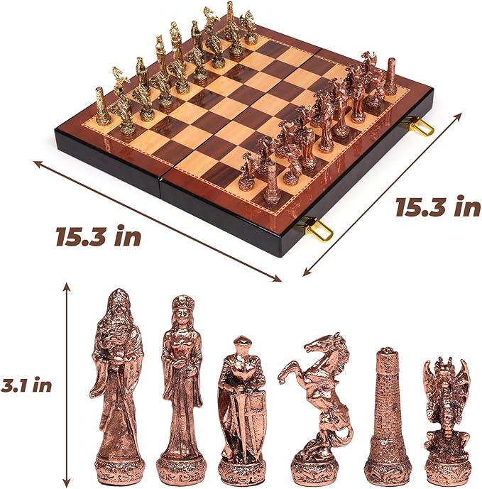 Vintage Figurine Metal Chess Set for Adults and Kids – Wooden Chess Board with Metal Chess Pieces Travel Chess Set with Metal Chessmen – Collectible Elegant Chess Game – Family Vintage Board Game