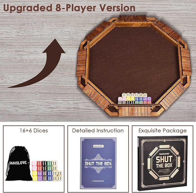 Vamslove Shut The Box Dice Game for 8 Players Upgraded Wooden Board Table Math Game with 16 +6 Dices - Educational Game for Kids, Adults (Instruction Included)