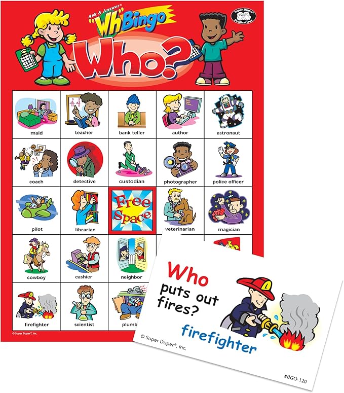 Super Duper Publications | Ask & Answer® Wh Bingo Board Game | Comprehension, Verbal, and Communication Skills | Who, What, Where, When, and Why Questions | Educational Resource for Children
