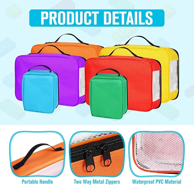 6 Pack Toy Storage Bags, Reusable Board Game Storage Bag with Visible Top, Label Slot, Manual Pocket&Handle, Travel Organizer Case for Bricks, Building Blocks, Puzzle, Car Toys, 3 Different Size