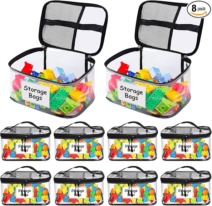 8 Pack Large Clear Toy Storage Bags with Zipper - 9.4x6.7x5.1In Waterproof PVC Organization for Lego, Building Blocks, Board Games & Puzzles - Includes Name Tag (Black)