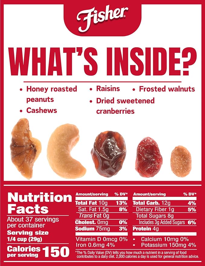 Fisher Snack Sweet Nut Bulk Trail Mix, 38 oz (Pack of 1), Honey Roasted Peanuts, Raisins, Frosted Walnuts, Cashews, Dried Sweetened Cranberries, Healthy Snacks for Adults & Kids, Dried Fruit, Trail Mix Snacks