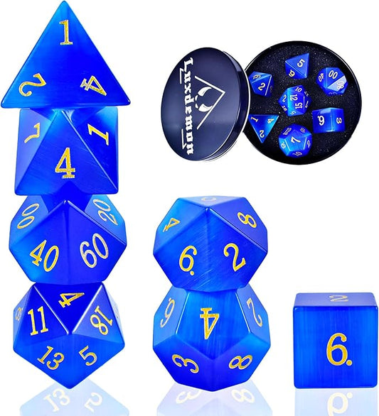 Gemstone DND Stone Dice Sets D&D 7 Pcs Polyhedral Dice Set Handmade Blue Cat's Eye Stone Dice Set Natural Gemstone Dice Sets with Metal Case for Dungeons and Dragons RPG MTG Tabletop Games