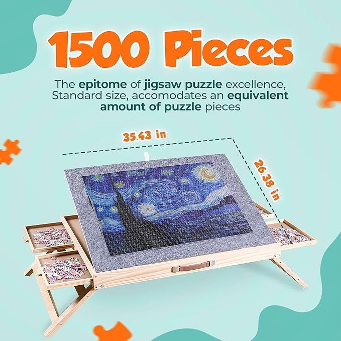 1500 Piece Jigsaw Puzzle Table with Drawers - 34” X 25” - Wooden Puzzle Table with Cover | 3-Tilting-Angle Adjustable & 4 Drawers - Portable and Felted Anti-Slip Surface