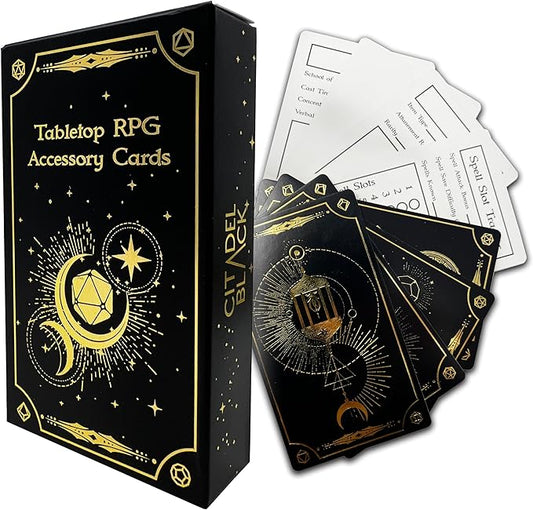 Citadel Black Tabletop RPG Accessory Card Set of 50 D&D, Gold Foil Spell Slot Tracker, Item and Spell Cards, Blank Notes for Dungeons and Dragons 5th Edition & Other Tabletop Games
