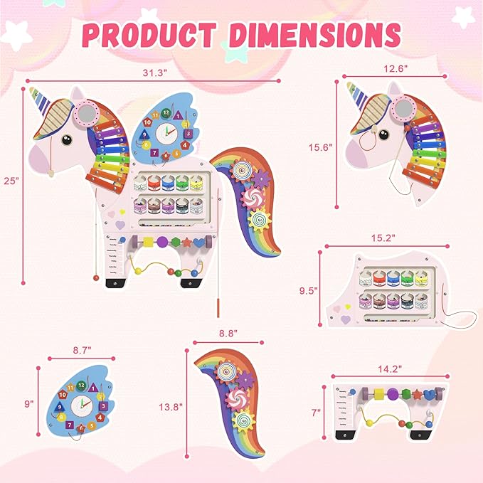 Unicorn Sensory Wall Panel for Kids - Activity Wall Busy Board Panels, Montessori Toddler Wall Activity Board, Wall Toys for Toddlers 3, Activity Cube, Perfect for Toddler Playroom, Pink