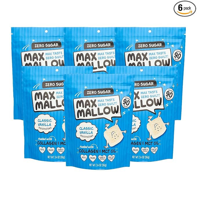 Max Mallow Sugar Free Marshmallows - Keto Friendly, Perfect for S'mores, Hot Chocolate, and Baking with Zero Sugar Snacks, Smores Mct Oil Zero Sugar Marshmellow Marshmallow Classic Vanilla, 6 Pack