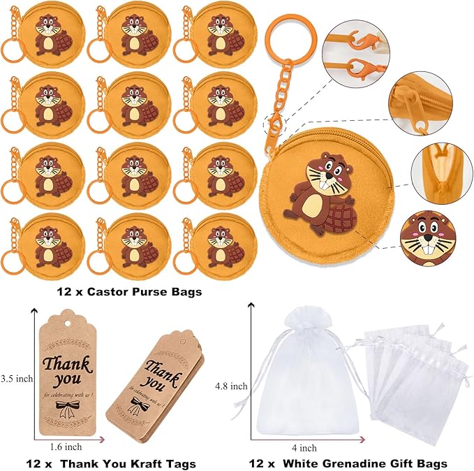36 Pack Beaver Change Purses Set Include 12 Wallets with Keyring, 12 Thank You Tags and 12 Organza Bags for Safari, Jungle Baby Shower,Wild ONE First Birthday, Castor Decoration,Khaki