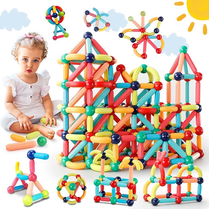 64PCS Magnetic Building Blocks - Montessori Sensory Toys with Stronger Magnets, STEM Learning Toys for Kids, Creative Construction DIY Kit Gift for Boys & Girls
