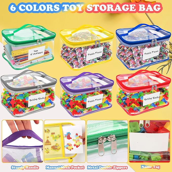 AOBOPLE 6 Pack Clear Toy Storage Bag with Name Tag & Manual Pocket, PVC Clear Toy Organizer Bags with Labels for Lego Bricks, Board Games, Building Blocks, Puzzles